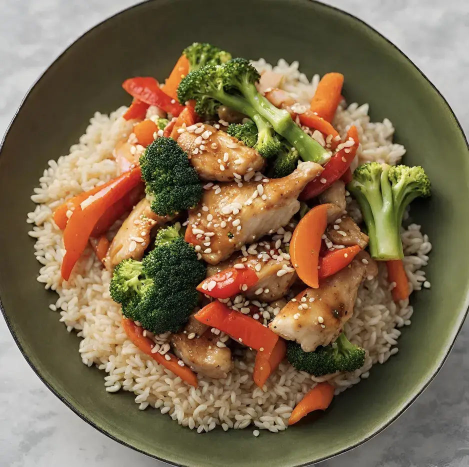 Nyttig och proteinrik wok med kyckling i en grön tallrik.