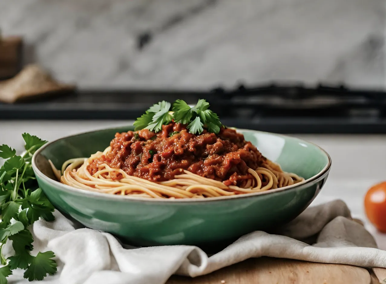 Kalorisnål pasta bolognese i en grön skål i ett kök.