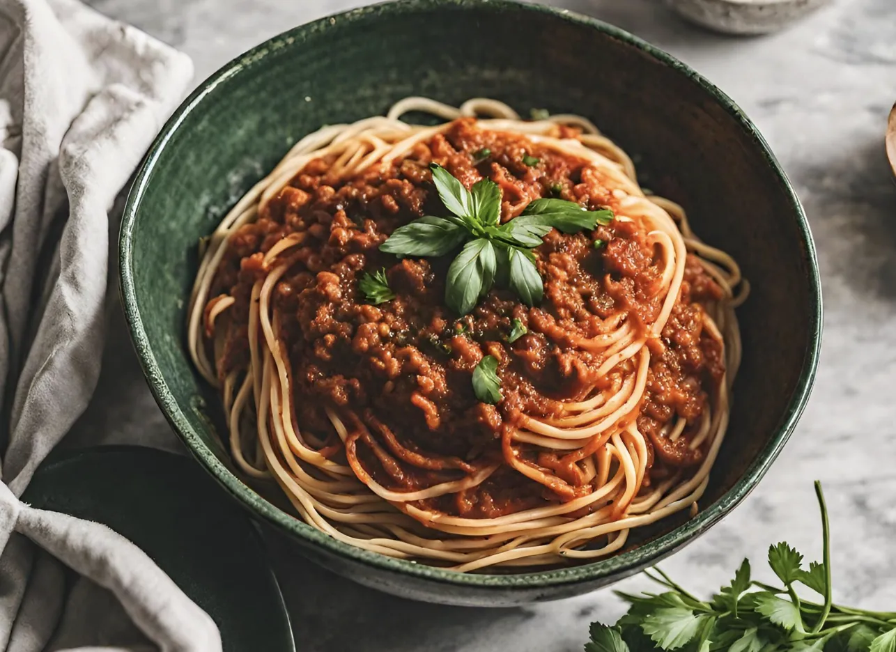 Enkel middag lagad enligt recept på köttfärssås med spaghetti.