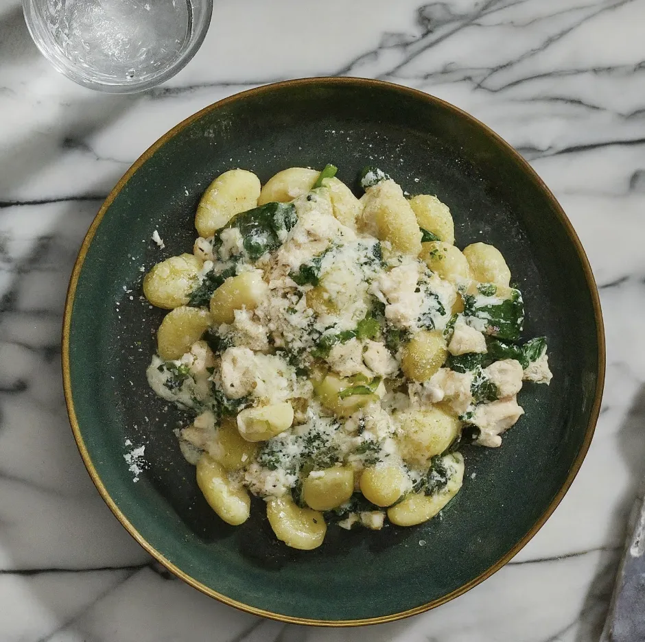 proteinrik och god gnocchi med kyckling på en grön tallrik bredvid ett glas.